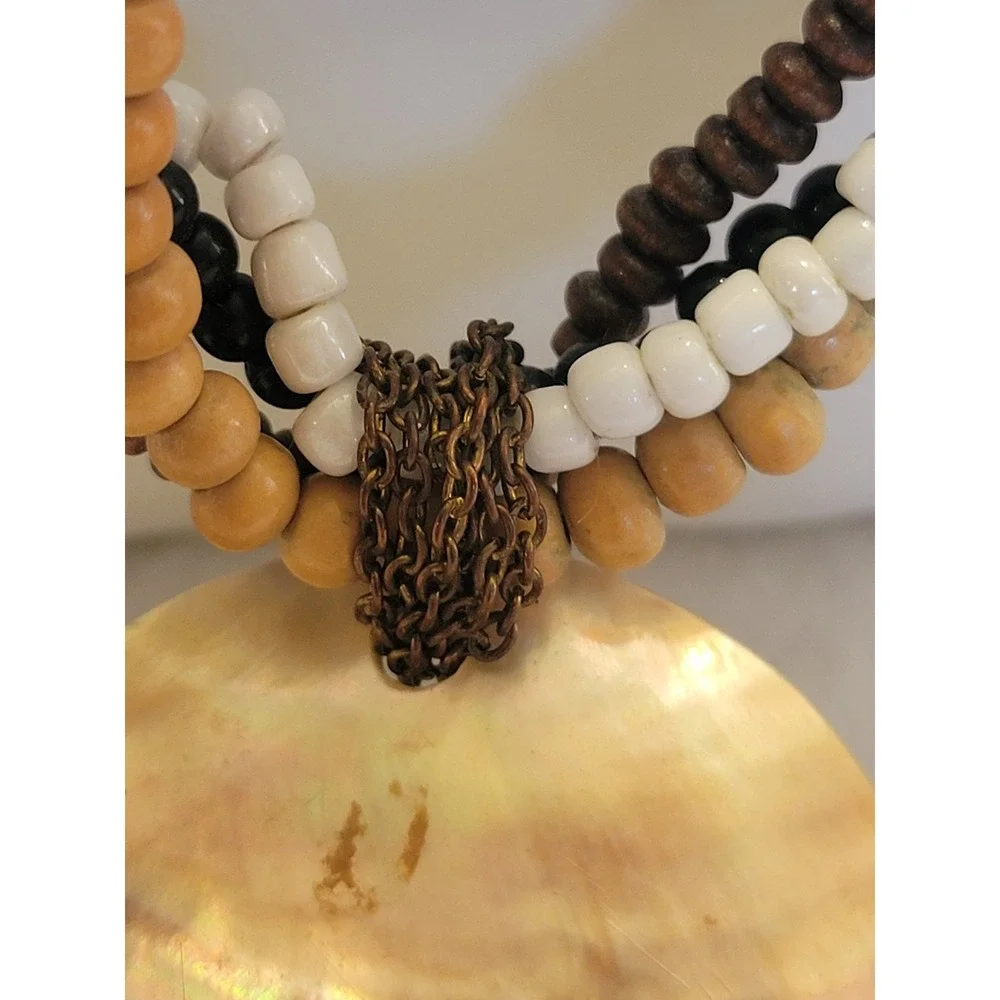 Shell‎ Pendant Necklace Boho Multi Strand Wood Bead Coastal Brown Womens
